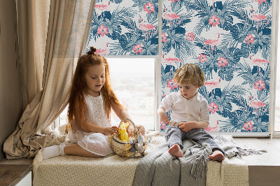 Fabric roller blind for window Tropical plants and flamingos