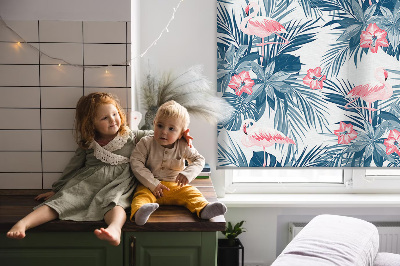 Fabric roller blind for window Tropical plants and flamingos