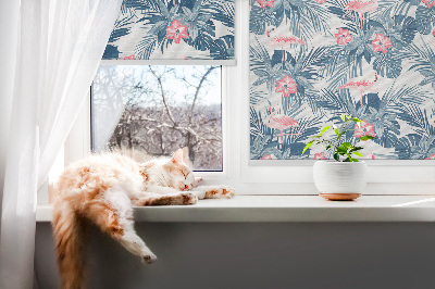 Fabric roller blind for window Tropical plants and flamingos