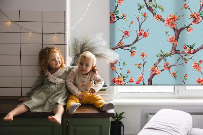 Fabric roller blind for window Flower buds from trees