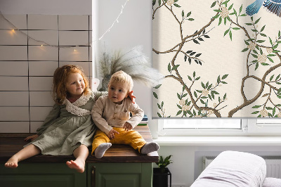 Fabric roller blind for window Birds on a tree