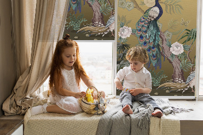 Fabric roller blind for window Peacock on a tree