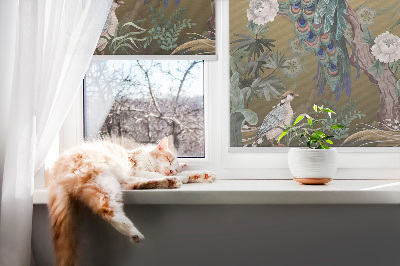 Fabric roller blind for window Peacock on a tree