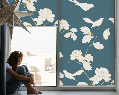 Blackout roller blind for window White birds on white flowers