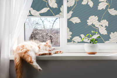 Blackout roller blind for window White birds on white flowers