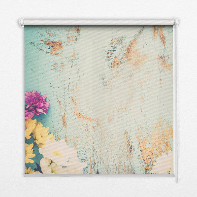 Fabric roller blind for window Flowers on a blue background