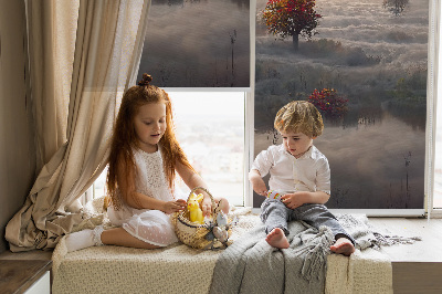 Fabric roller blind for window Trees in the fog