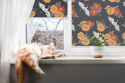 Blackout roller blind for window Flowers and cranes