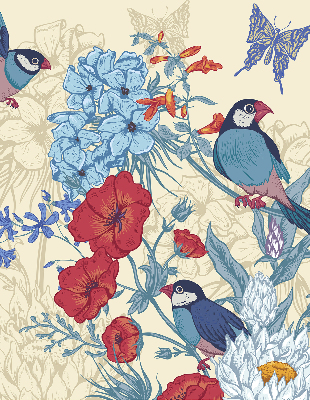 Fabric roller blind for window Birds among the flowers