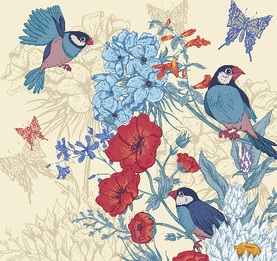 Fabric roller blind for window Birds among the flowers