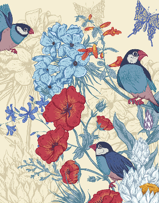 Fabric roller blind for window Birds among the flowers