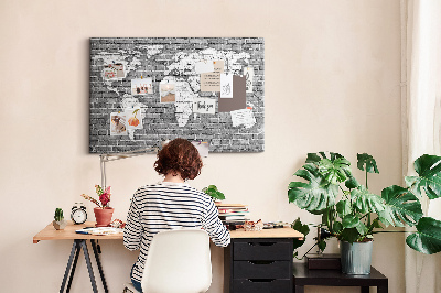 Decorative corkboard World map on brick