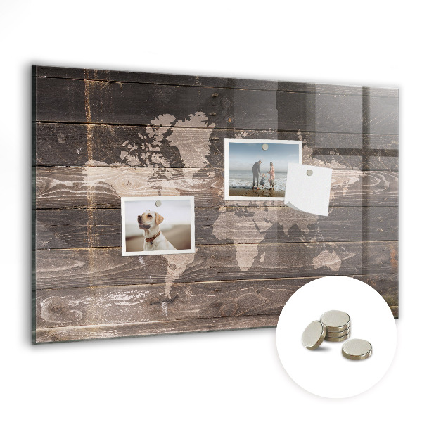 Magnetic photo board World map on wood