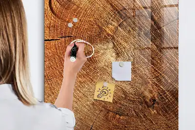 Dry erase magnetic board with a tree trunk cross-section design