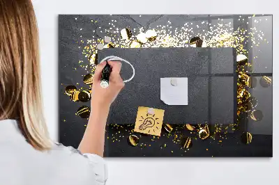Magnetic dry erase board with gold confetti finish