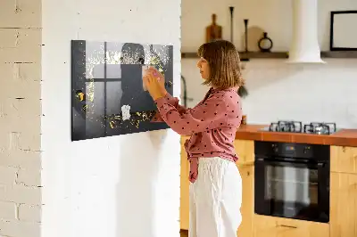 Magnetic dry erase board with gold confetti finish