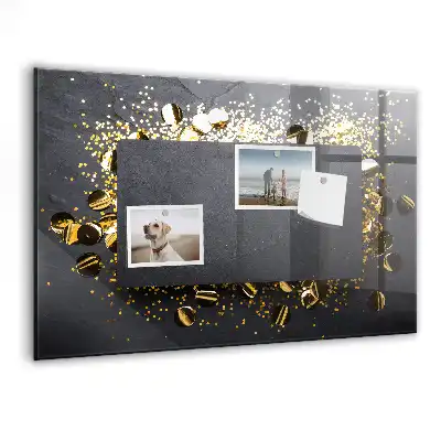 Magnetic dry erase board with gold confetti finish