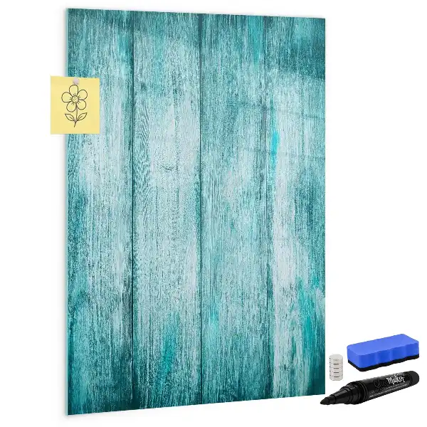 Magnetic dry erase board with a blue wood frame