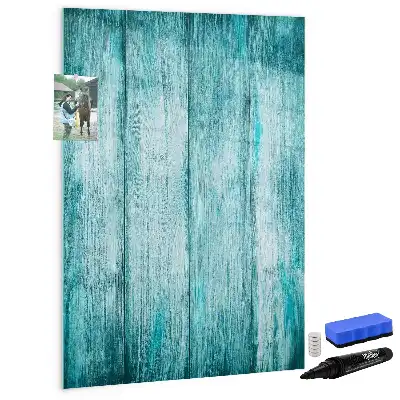Magnetic dry erase board with a blue wood frame