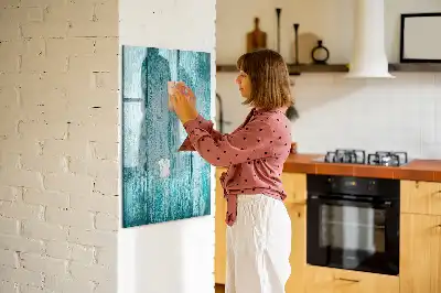 Magnetic dry erase board with a blue wood frame