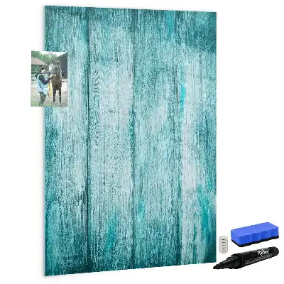Magnetic dry erase board with a blue wood frame