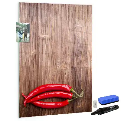 Magnetic erase board with wooden chili pepper design