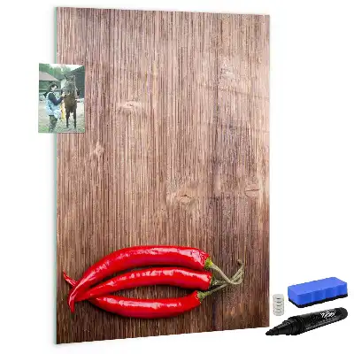 Magnetic erase board with wooden chili pepper design
