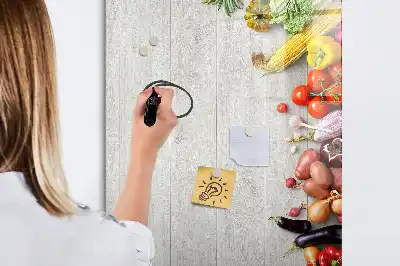 Magnetic erase board with vegetables on wood print