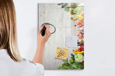 Magnetic erase board with vegetables on wood print