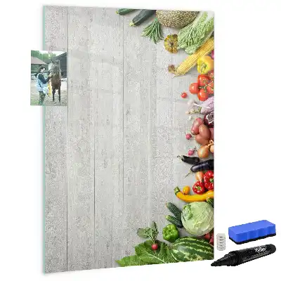Magnetic erase board with vegetables on wood print