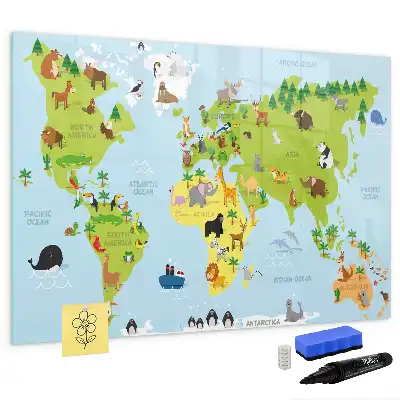 Magnetic glass dry erase board with world map and animal illustrations