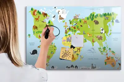 Magnetic glass dry erase board with world map and animal illustrations