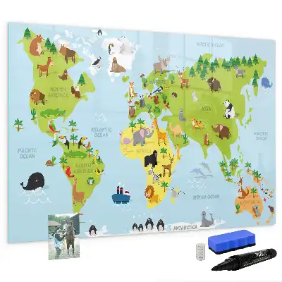 Magnetic glass dry erase board with world map and animal illustrations
