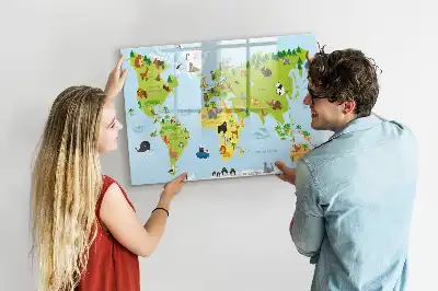Magnetic glass dry erase board with world map and animal illustrations