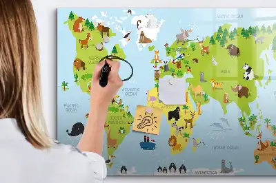 Magnetic glass dry erase board with world map and animal illustrations