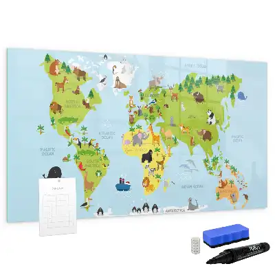 Magnetic glass dry erase board with world map and animal illustrations