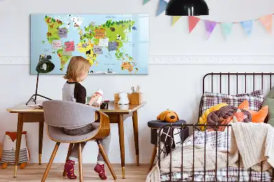 Magnetic glass dry erase board with world map and animal illustrations