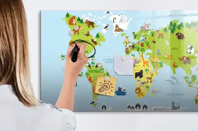 Magnetic glass dry erase board with world map and animal illustrations