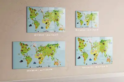 Magnetic glass dry erase board with world map and animal illustrations
