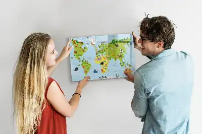 Magnetic glass dry erase board with world map and animal illustrations