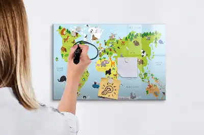 Magnetic glass dry erase board with world map and animal illustrations