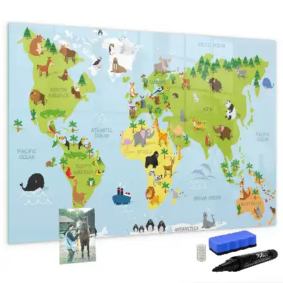 Magnetic glass dry erase board with world map and animal illustrations