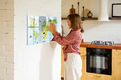 Magnetic glass dry erase board with world map and animal illustrations