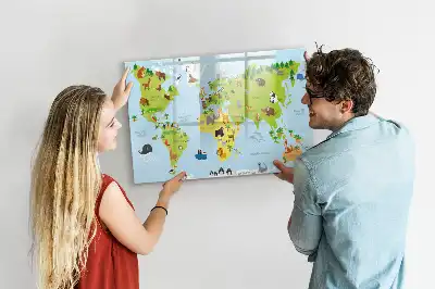 Magnetic glass dry erase board with world map and animal illustrations