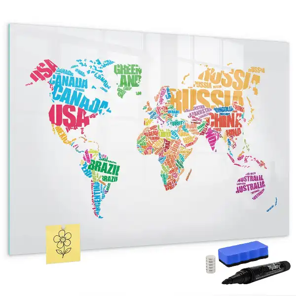 Magnetic glass dry erase board with colorful country names