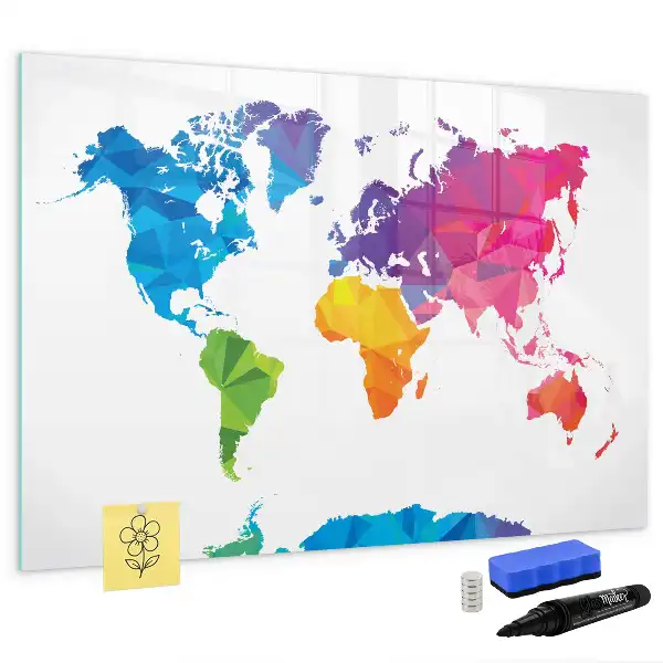 Magnetic glass dry erase board with an abstract world map design