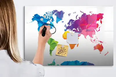 Magnetic glass dry erase board with an abstract world map design