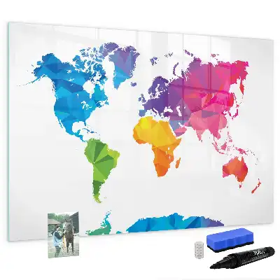 Magnetic glass dry erase board with an abstract world map design