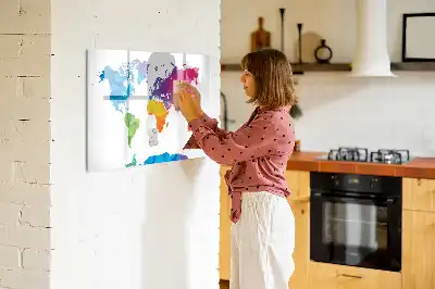 Magnetic glass dry erase board with an abstract world map design