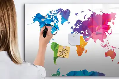 Magnetic glass dry erase board with an abstract world map design